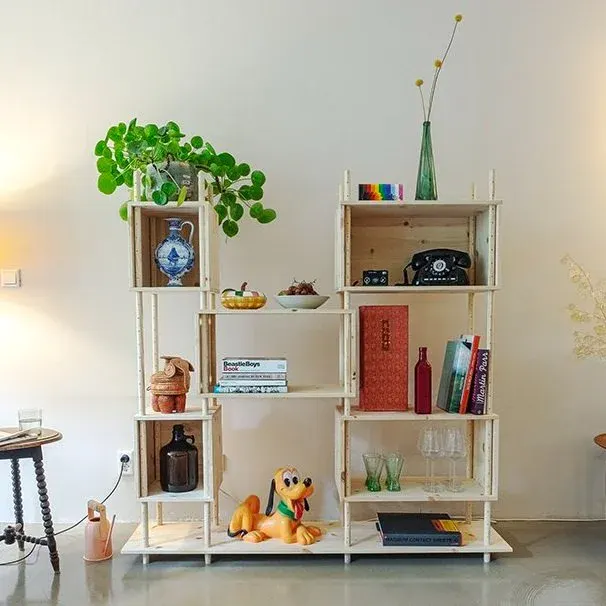 An RMC against a white wall, filled with a plant, a delft blue jug, art books and glassware