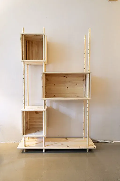 An empty base_RMC in a studio, showing how the frames, boxes and shelves step across each other